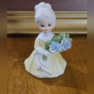 Vintage Bisque Porcelain Charming February Figurine with Blue Flowers Brinn & Co